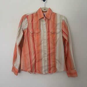 Cowgirl Legend Orange Tan Striped Snap Shirt 100% Cotton Size Small